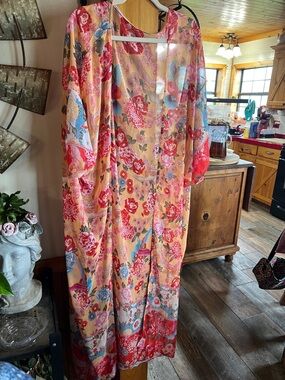 Floral Sheer Kimono Open Front Duster - Peach/Red